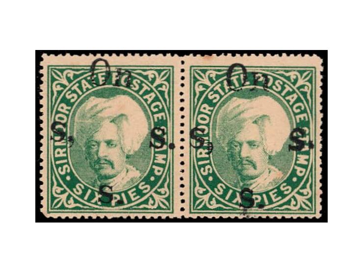 1896-97  6p deep green horizontal pair overprinted On S S S with SG Type 14, left stamp with error, comma after first "S". Mi