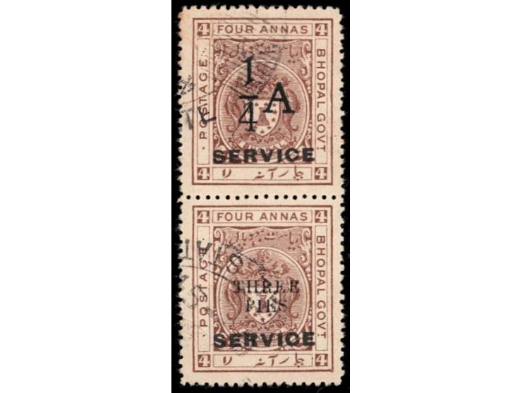 1935-36  4a chocolate vertical se-tenant pair surcharged 1/4 A on top stamp and THREE PIES in black on bottom stamp overprint