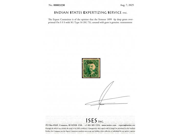 1899  6p deep green overprinted On S S S with SG Type 16. Unpriced in mint condition. 2025 ISES certificate. 
