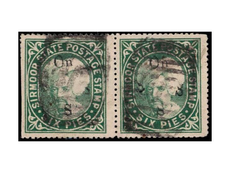 1894  6p deep green handstamped On S S S with SG Type 19, horizontal pair
