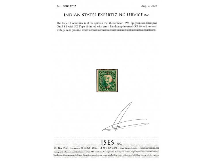 1894  6p green handstamped On S S S with SG Type 19 in red with error, handstamp inverted, not listed in SG. Minute tear on l