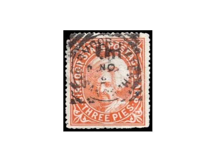 1897  3p orange with error, handstamped "On" only with letters similar to SG Type 14. Although this error is recorded in the 