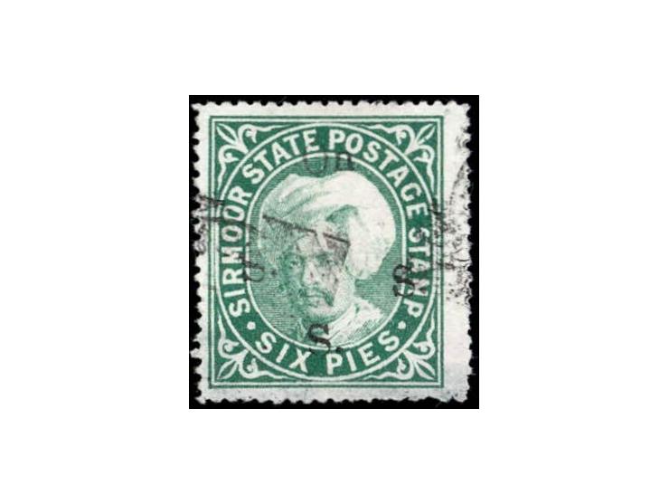 1897  6p deep green handstamped On S S S with letters similar to SG Type 14
