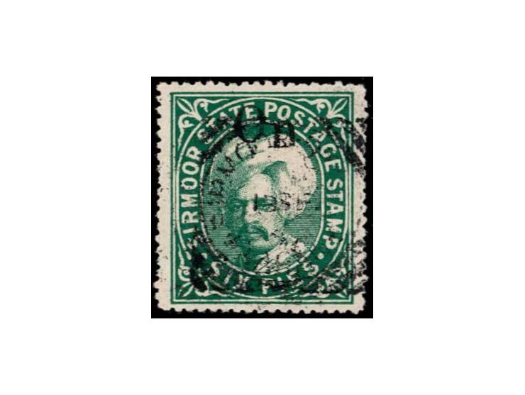 1897  6p deep green with error, "On" only with letters similar to SG Type 14, "S S S" omitted

