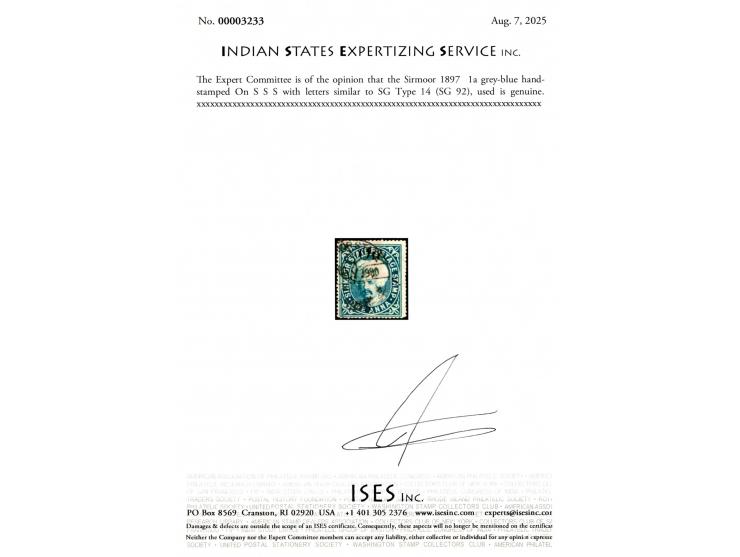 1897  1a grey-blue handstamped On S S S with letters similar to SG Type 14. 2025 ISES certificate
