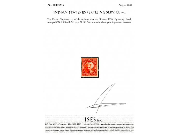 1896  3p orange handstamped ON S S S with SG type 21. 2025 ISES certificate
