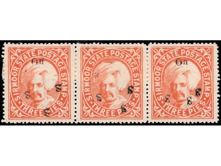 1896  3p orange handstamped ON S S S with letters similar to SG type 21 but larger. Horizontal strip of three with error, 'On