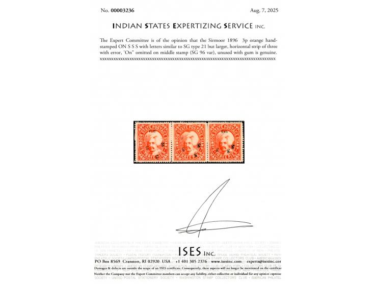 1896  3p orange handstamped ON S S S with letters similar to SG type 21 but larger. Horizontal strip of three with error, 'On