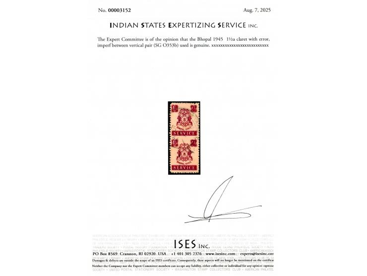 1945  1½a claret with error, imperf between vertical pair. 2025 ISES certificate
