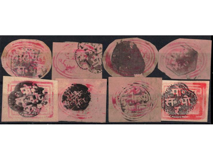 1879  ½ and 1 anna used with different types of obliterations, noted Nasrapur, Velhe, Pirangut, Bhor
