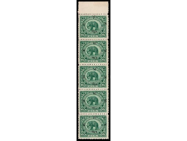 1894-99  6p green vertical strip of five overprinted On S S S with SG Type 13 with error, overprint inverted. (see footnote i