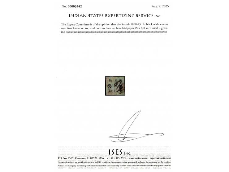 1868-75  1a black with accents over first letters on top and bottom lines on blue laid paper with manuscript ink cancel as of