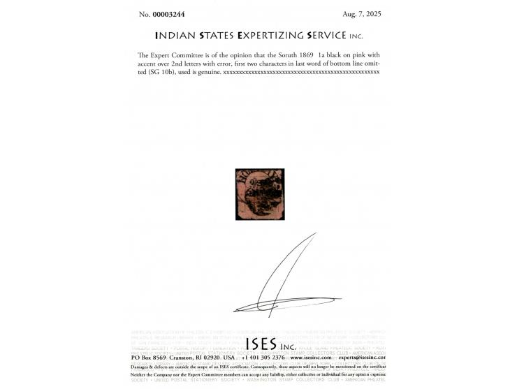 1869  1a black on pink with accent over 2nd letters with error, first two characters in last word of bottom line omitted. 202