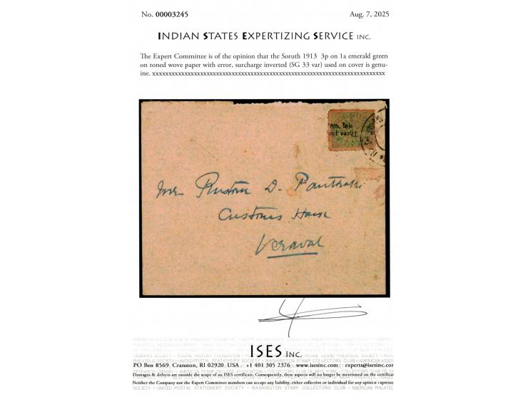 1913  3p on 1a emerald green on toned wove paper with error, surcharge inverted, tied to local cover with double ring native 