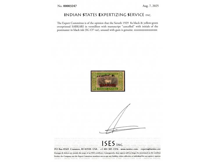 1929  8a black &amp; yellow-green overprinted SARKARI in vermillion with manuscript "cancelled" with initials of the postmast