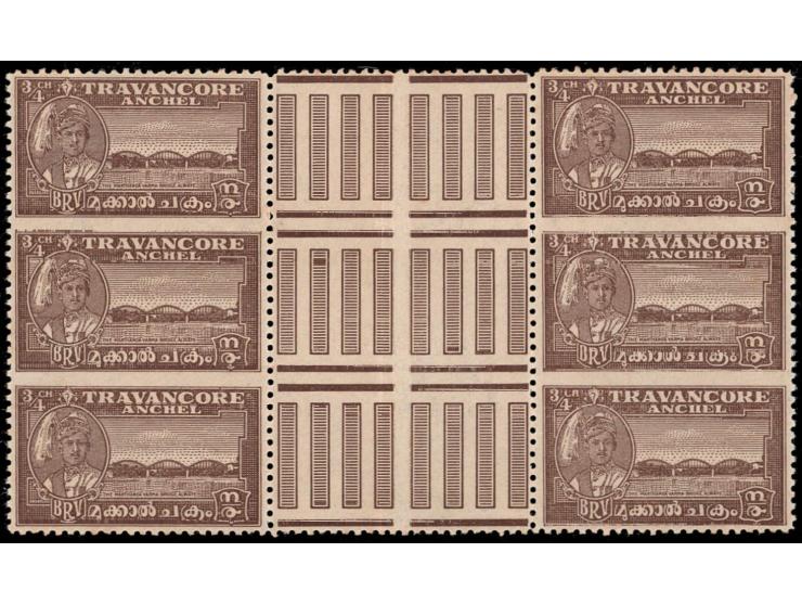 1941  ¾ch brown perf. 11 block of 6 with middle gutter with error, imperf between vertical strip of three x 2
