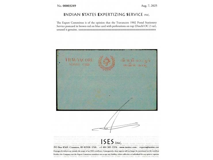 1902 Postal Stationery Service postcard in brown-red on blue card with perforations on top indicating that this was part of a