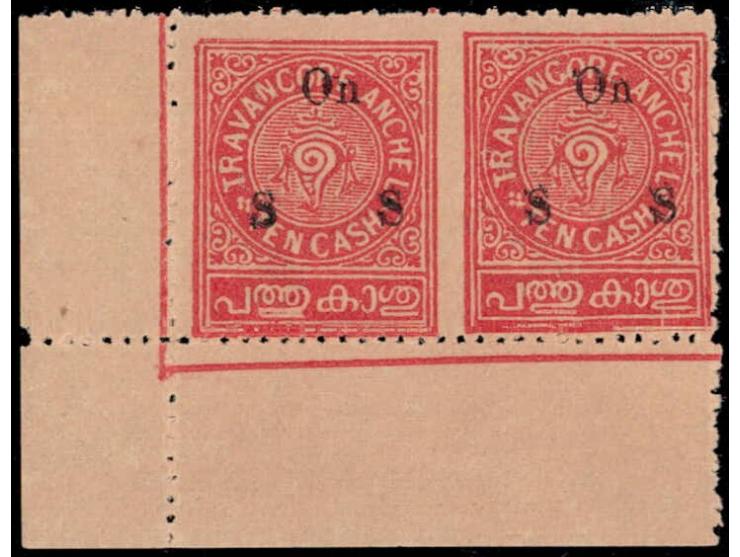 1930-39  10ca bottom left corner marginal horizontal pair with error, imperf between. Unused without gum as issued
