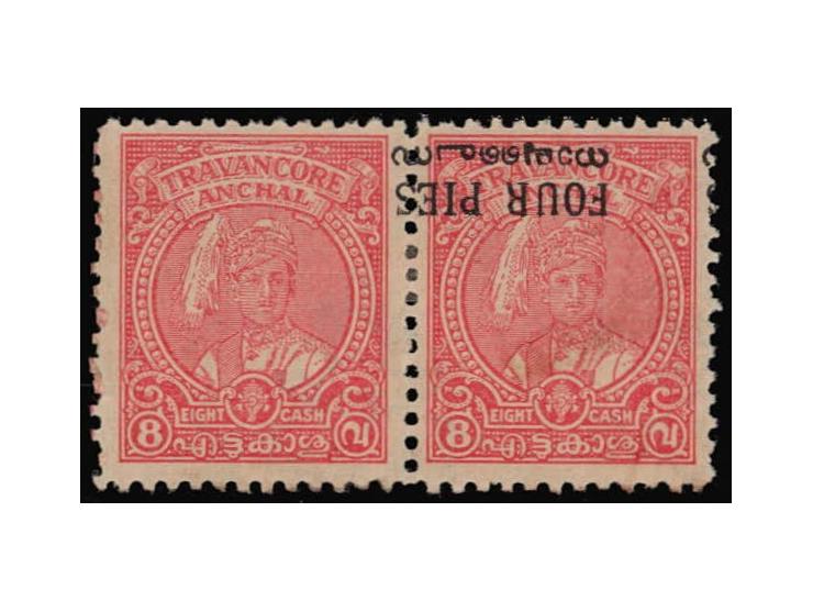 1949  horizontal pair of 8ca surcharged FOUR PIES perf. 11 with error surcharge inverted and in pair with one without surchar