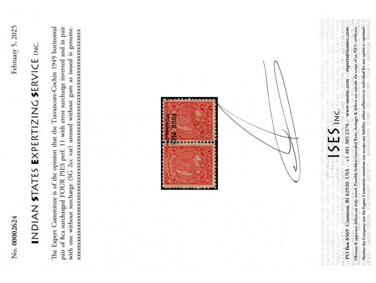 1949  horizontal pair of 8ca surcharged FOUR PIES perf. 11 with error surcharge inverted and in pair with one without surchar