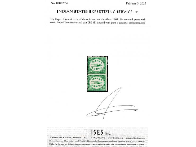 1901  ¼a emerald green with error, imperf between vertical pair. 2025 ISES certificate.
To buy this item please send us an em