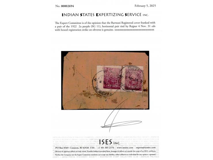 Registered cover franked with a pair of the 1922  2a purple horizontal pair tied by Rajpur 4 Nov. 31 cds with boxed registrat