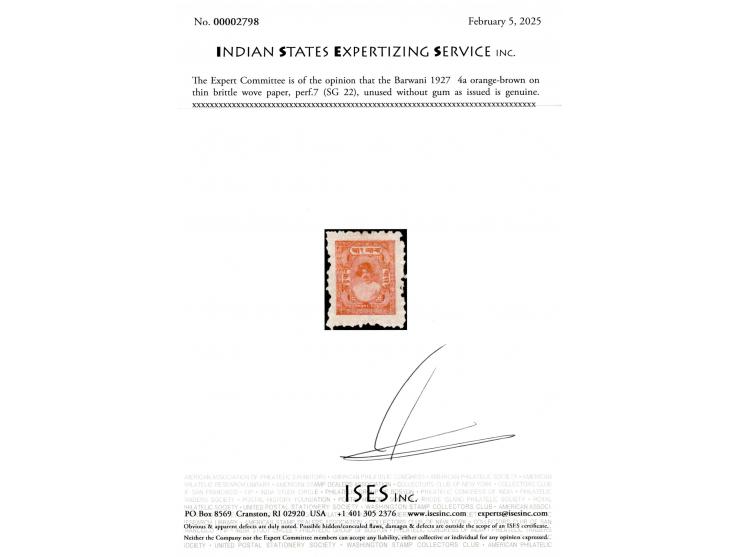 1927  4a orange-brown on thin brittle wove paper, perf.7. Unused without gum as issued. 2025 ISES certificate.
To buy this it