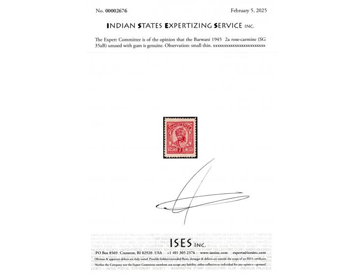 1945  2a rose-carmine, minute thin. 2025 ISES certificate.   
To buy this item please send us an email or use the contact for