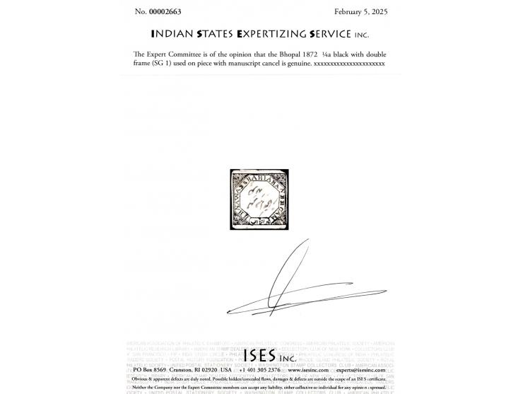1872  ¼a black with double frame lines on piece with manuscript cancel as always is the case with this issue. 2025 ISES certi