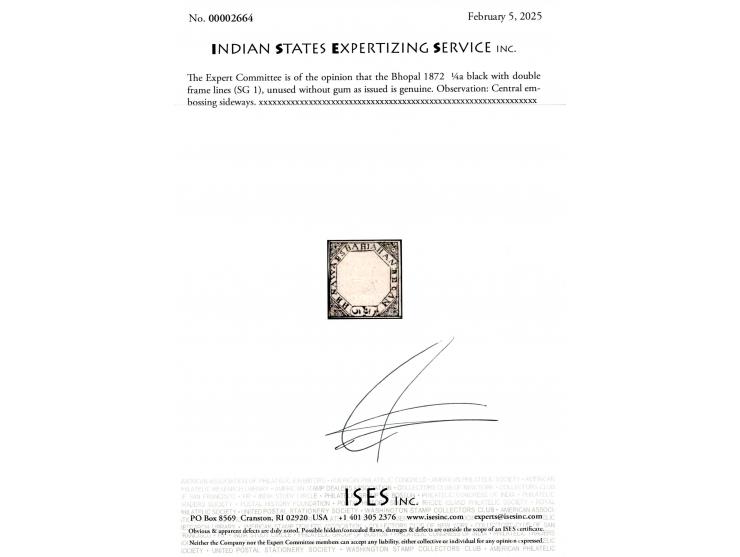 1872  ¼a black with double frame lines with error, central embossing sideways. Unused without gum as issued. Ex. Dan Walker c