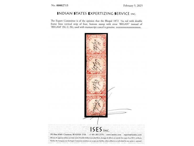 1872  ½a red with double frame lines vertical strip of four, bottom stamp with error 'BEGAN" instead of 'BEGAM'. With manuscr