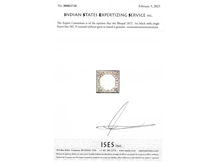 1872  ¼a black with single frame line. Experts of Bhopal consider this to be the first stamp issued by Bhopal and as such sho