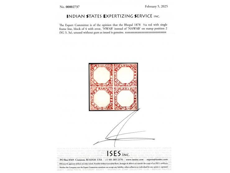1878  ½a red with single frame line, block of 4 with error, 'NWAB' instead of 'NAWAB' on stamp position 2. Unised without gum