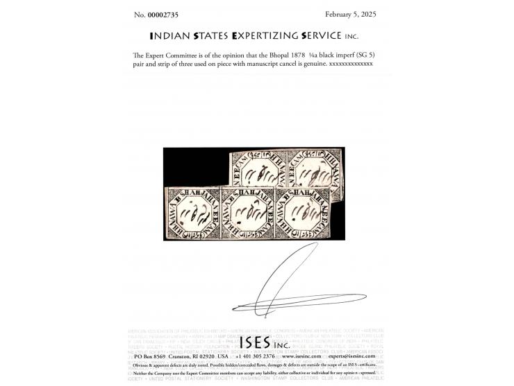 1878  ¼a black imperf, pair and strip of three used on piece with manuscript cancel. Ex. Dan Walker collection. 2025 ISES cer