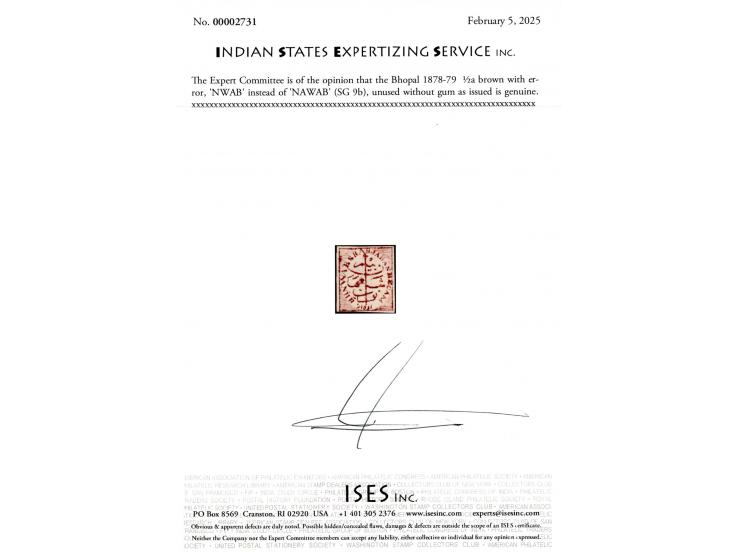 1878-79  ½a brown with error, 'NWAB' instead of 'NAWAB'. Unused without gum as issued. Ex. Dan Walker collection. 2025 ISES c