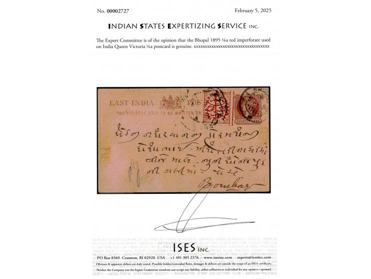 India Queen Victoria ¼a postcard uprated with Bhopal 1895 ¼a red imperforate. This is the earliest known commercially used co