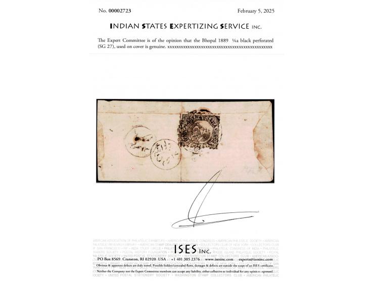 1889  ¼a black perforated  on local cover. Ex. Dan Walker collection. 2025 ISES certificate.
To buy this item please send us 