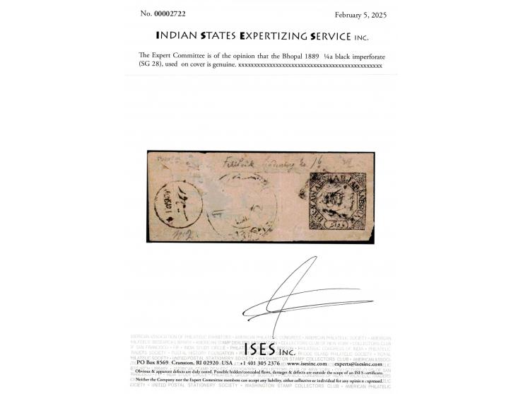 1889  ¼a black imperforate  on local cover. Ex. Dan Walker collection. 2025 ISES certificate.
To buy this item please send us