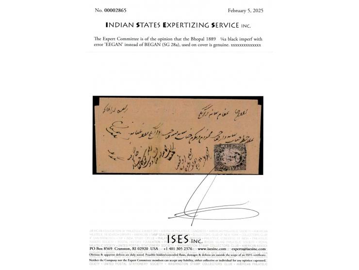 1889   ¼a black imperf with error 'EEGAN' instead of BEGAN with native cds on reverse. Ex. Dan walker collection. 2025 ISES c