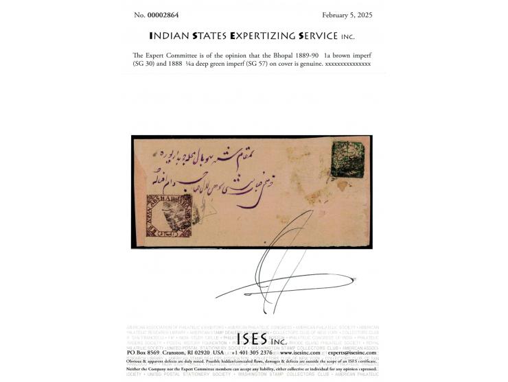 1889-90  1a brown imperf + 1888  ¼a deep green tied to local cover with native cds on reverse. Ex. Dan walker collection. 202