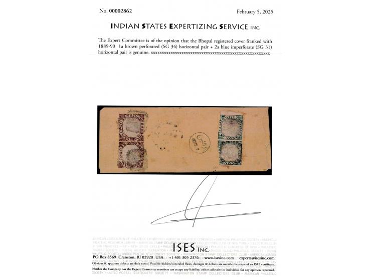 1889-90  1a brown perforated horizontal pair + 2a blue imperforate horizontal pair both tied to cover with two native cds on 