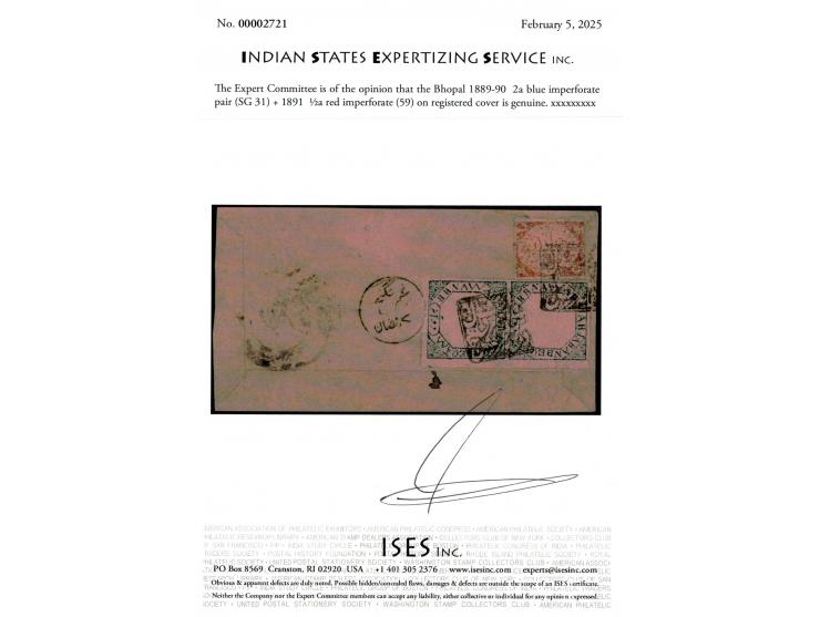 1889-90  2a blue imperforate pair + 1891  ½a red imperforate on registered cover. Ex. Dan Walker collection. 2025 ISES certif