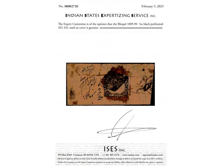 1889-90  ¼a black perforated on local cover. Ex. Dan Walker collection. 2025 ISES certificate.
To buy this item please send u