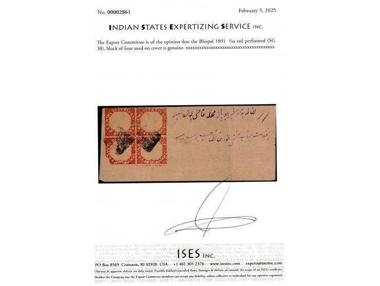 1891  ½a red perforated block of four on local cover. Ex. Dan walker collection. 2025 ISES certificate.
To buy this item plea