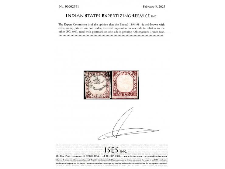 1894-98  4a red-brown with error, stamp printed on both sides, inverted impression on one side in relation to the other. Used
