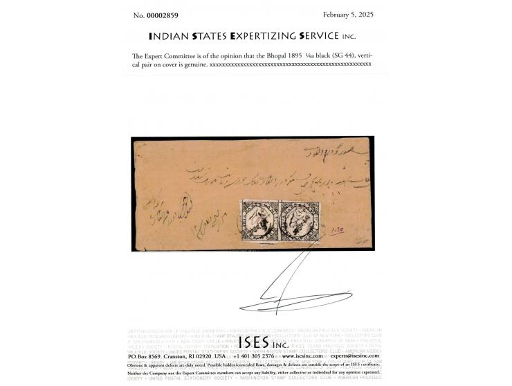 1895  ¼a black vertical pair on local cover tied by native cds.
To buy this item please send us an email or use the contact f