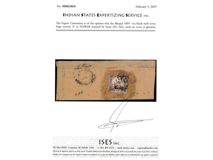 1895  ¼a black with error, large second 'A' in NAWAB inserted by hand on local cover tied by native cds. 2025 ISES certificat