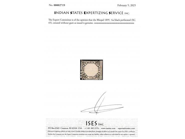 1895  ¼a black perforated. Unused without gum as issued. Ex. Dan Walker collection. 2025 ISES certificate. 
