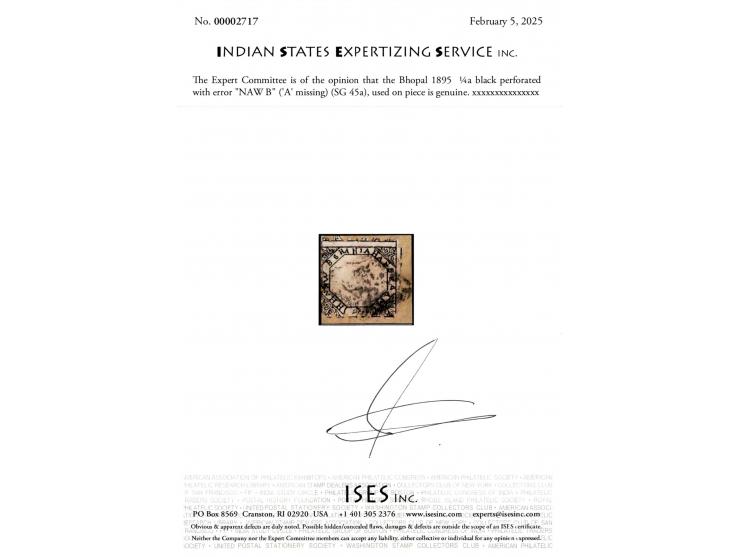 1895  ¼a black perforated with error "NAW B" ('A' missing) used on piece. Ex. Dan Walker collection. 2025 ISES certificate. 

