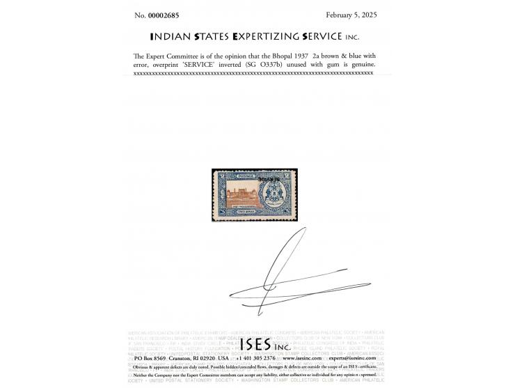 1937  2a brown &amp; blue with error, overprint 'SERVICE' inverted. 2025 ISES certificate.
